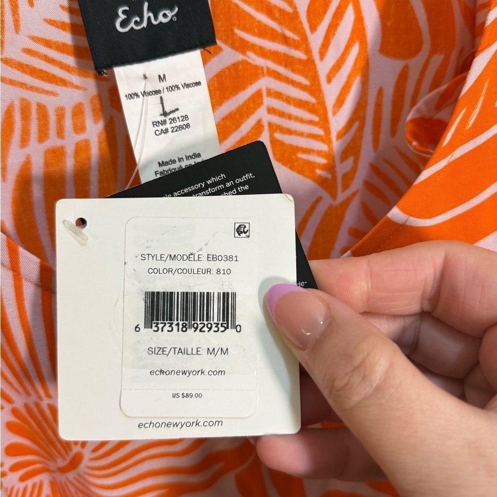 Echo Orange and White Floral Hawaiian Print Flowy Sun Dress Size Medium NWT - Picture 3 of 7